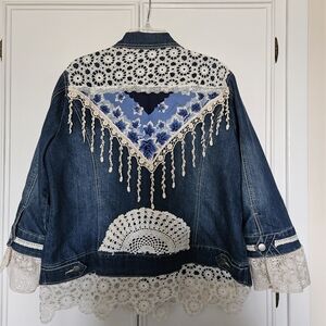 Baccini Blue Jean Jacket with Vintage Textile and Lace Boho Accents